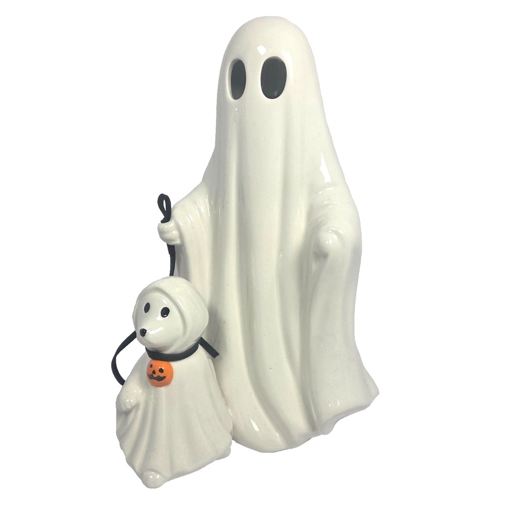 Spooky Hollow Ghost Ceramic LED Halloween Figure w Ghost Dog 12" Lighted Decor